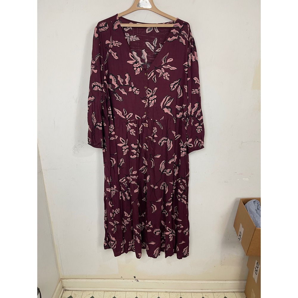 Sonoma Goods For Life Womens 3X Burgundy Floral Tiered Rayon Midi Dress Pockets